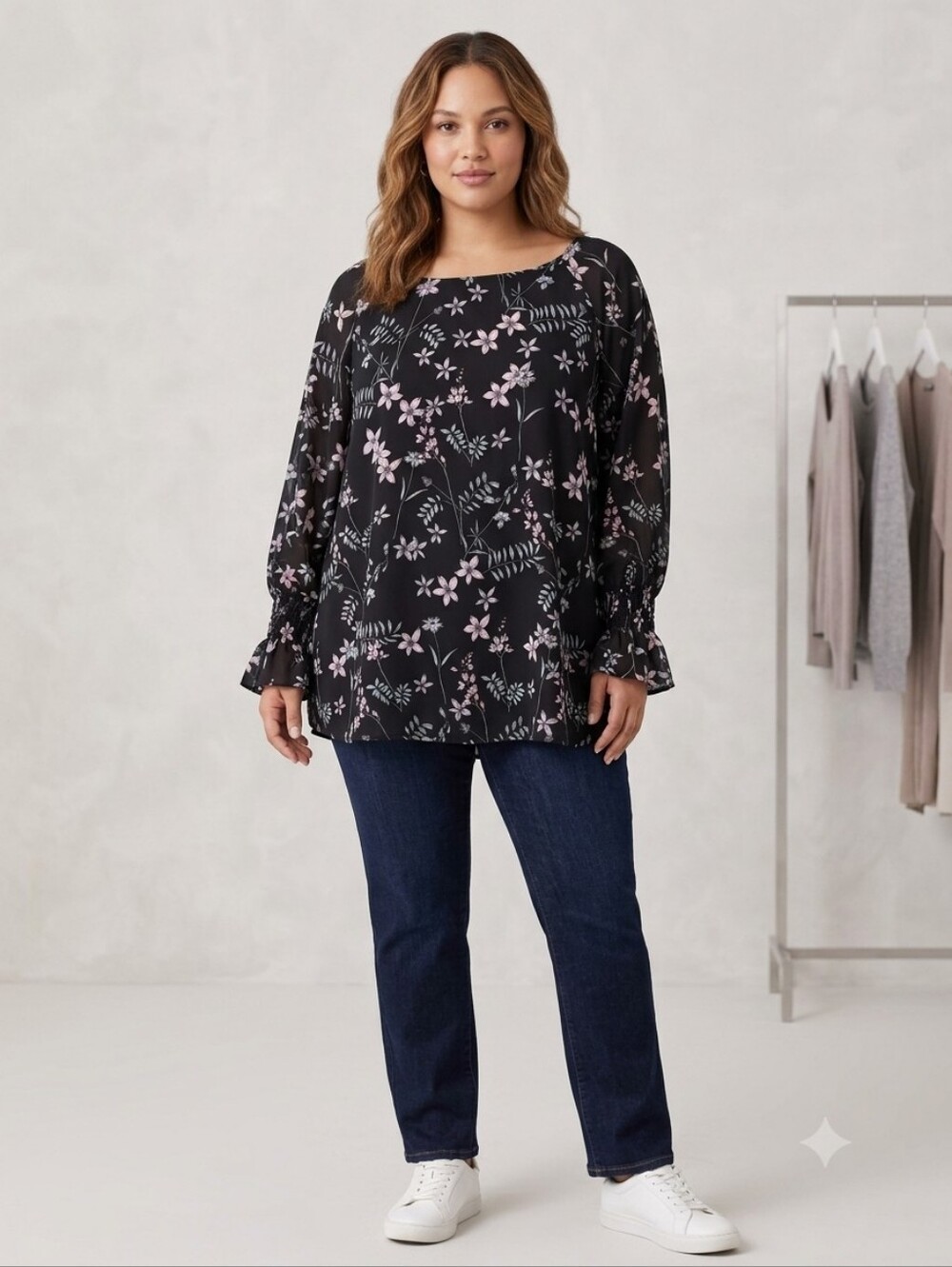 Vince Camuto Women’s Black Floral Long-Sleeve Cold Shoulder Blouse, Size 2X